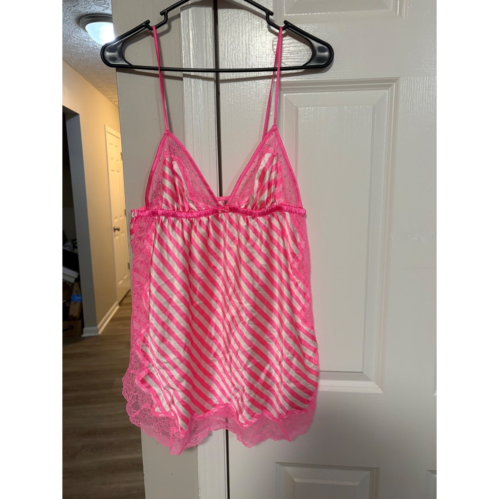Victoria's Secret Pink White Striped Satin Lace Babydoll Chemise Y2K Large